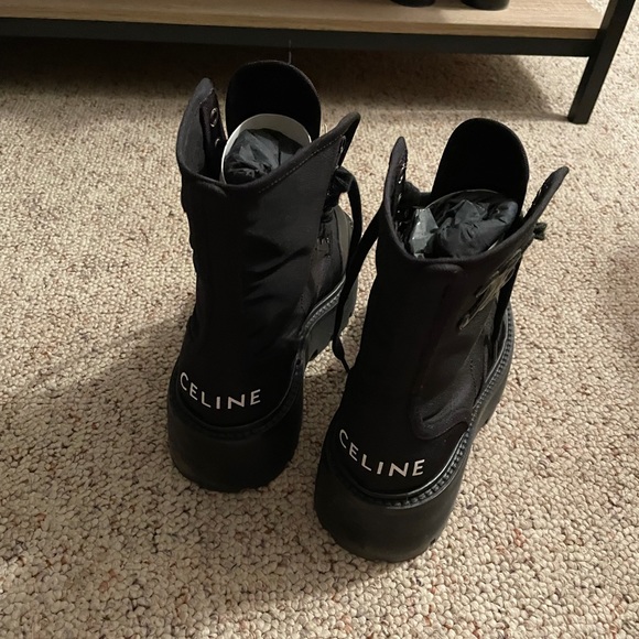 CELINE Canvas Leather Lace Up Combat Boots with Logo Size 35 - Picture 7 of 11